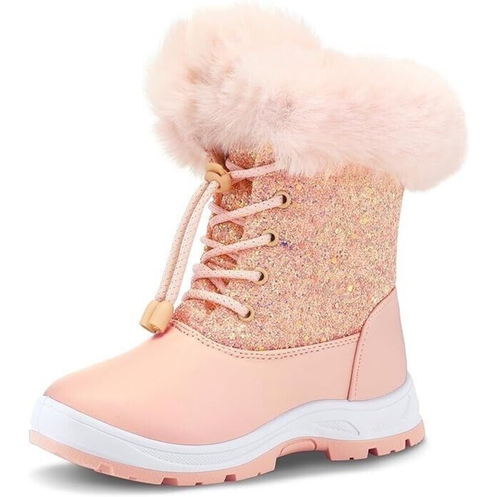K KomForme Girls Glitter Snow Boots Kids Bungee Lacing Warm Faux Fur-Lined...
